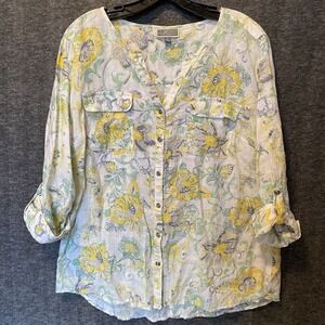 JM Collection Top Women 14 Large Yellow Floral V-Neck Linen Shirt Beachy Coastal